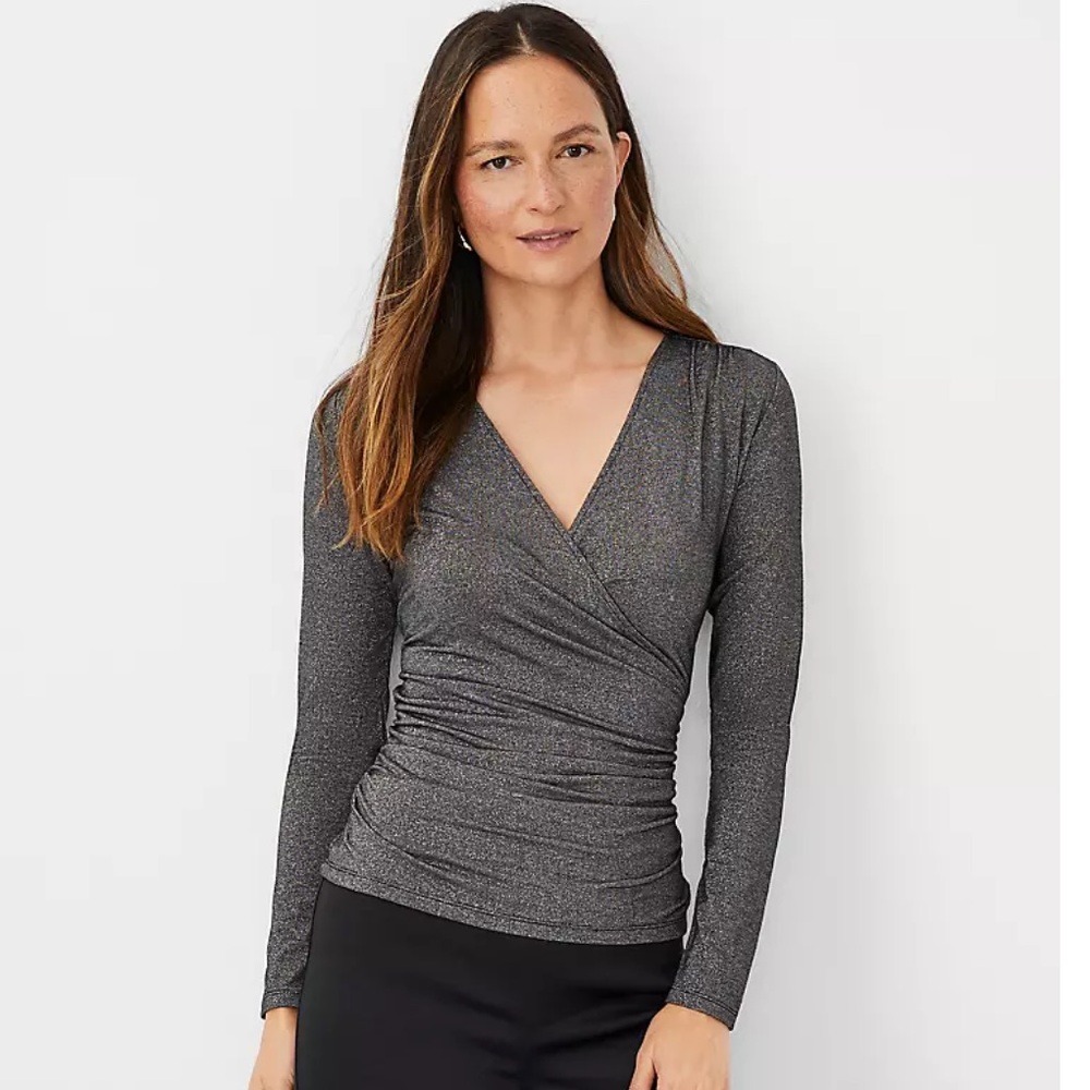 NWOT Ann Taylor Factory Elegant Metallic Shirred Wrap Gray Top Avail in L & XL